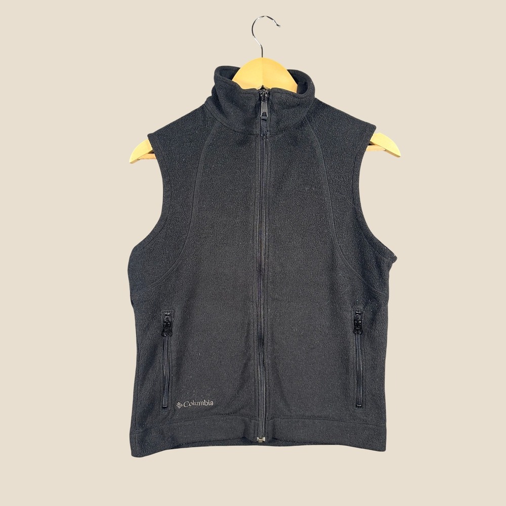 Columbia Womens Fleece Vest Black Full Zip Mock Neck Sleeveless Jacket Small